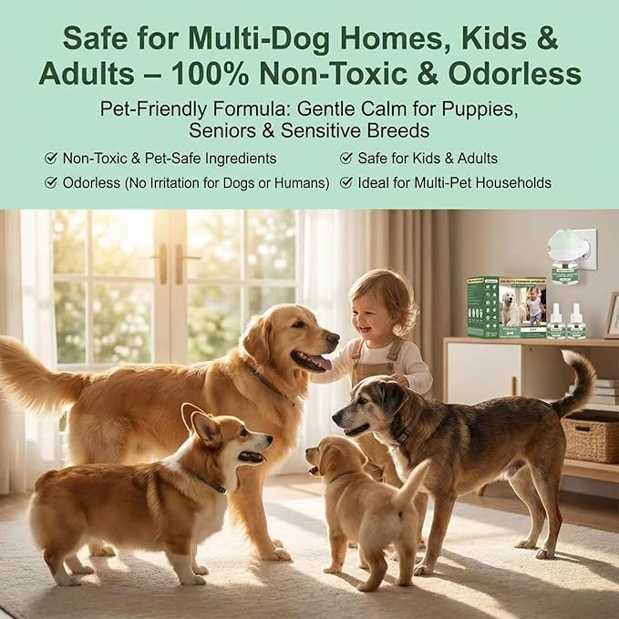 Dog Calming Diffuser Plug-in with Gentle Night Glow, 3 Refills Kit for Behavioral Support, Stress Soothing Aid for Pets During Travel, Thunder, Vet Visits, Fireworks, Safe Formula, 90 Days Supply