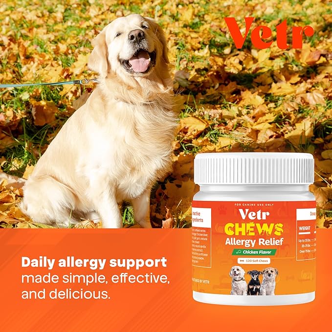 Vetr Allergy Relief Chews for Dogs - Dog Itching Skin Relief, Dog Allergy Treats with Probiotics and Omega-3 - Chicken Flavored 120 Count - Vet-Formulated in USA