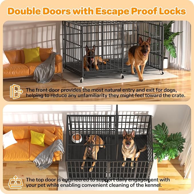 Hiwokk 78 Inch Heavy Duty Dog Crate, Indestructible Escape-Proof Dog Kennel for High Anxiety Large Dogs, Strong Metal Pet Cage with Double Doors, Lockable Wheels & Removable Tray, XL XXL XXXL