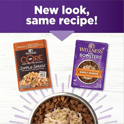 Wellness Bowl Boosters Simply Shreds Wet Dog Food Topper for Small,Medium,& Large Breeds,Grain Free,Natural,Chicken Liver & Broccoli,2.8 Ounce Pouch,(Pack of 24)