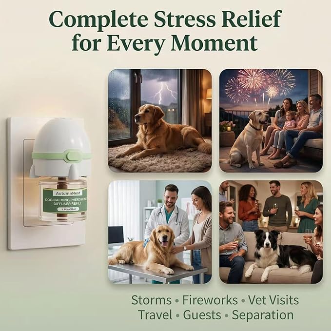 8-in-1 Dog Calming Pheromone Diffuser Kit – Pet Stress Support (2 Plug-Ins & 6x48ml Refills), Calming Diffuser for Dog During Thunderstorms, Travel, Separation, Fireworks & Vet Visits, 180-Day Supply