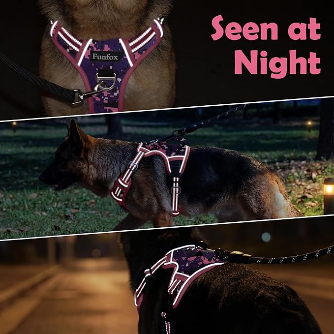 Funfox Dog Harness No Pull, Adjustable Pet Vest Harness, Super Soft Material with Vertical Handle Easy Control, Reflective Night Walking, 2 Leash Clips for Medium Sized Dogs, Mosaic Pink, M