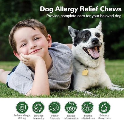 Dog Allergy Relief Chews, Natural Dog Itch Relief Chews with Omega-3, Astragalus & Turmeric for Immune Support, Prebiotic for Dog Skin Allergy Relief, Paw Licking & Seasonal Itching-300ct