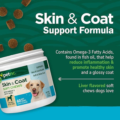 Petnc Dog Skin and Coat Supplement (60 Chewables), With Omega 3, EPA & DHA, Promotes Healthy Skin & Glossy Coat, For Dogs 18 Weeks & Older, Liver Flavor