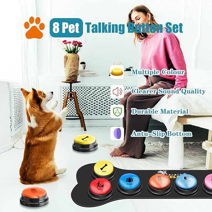 Dog Buttons for Communication Starter Pack 8 Dog Talking Button Set, 30s Voice Recording Speaking Button Pet Speech Training Buzzers with 30 Scene Stickers and Dog Button Mat for Animal Training