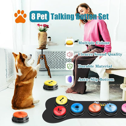 Dog Buttons for Communication Starter Pack 8 Dog Talking Button Set, 30s Voice Recording Speaking Button Pet Speech Training Buzzers with 30 Scene Stickers and Dog Button Mat for Animal Training