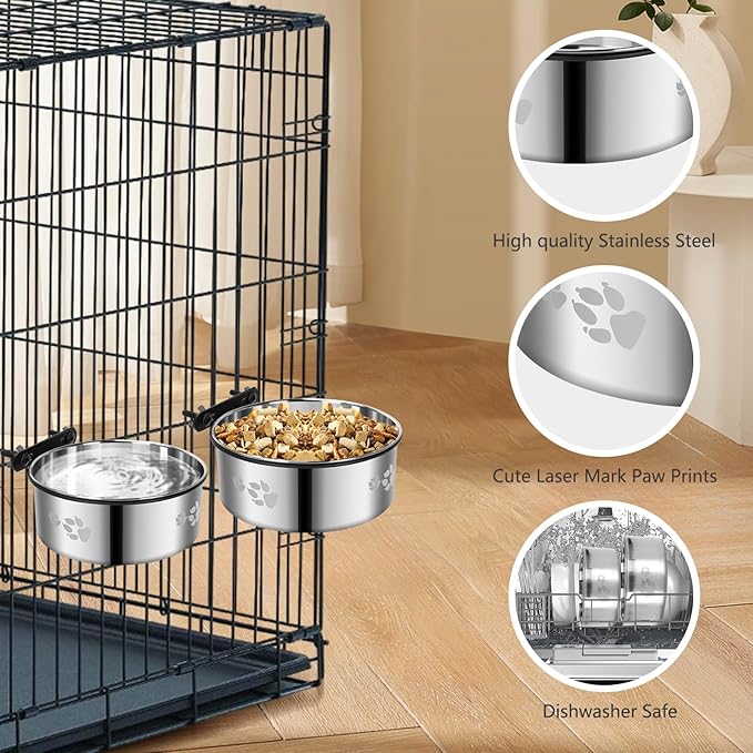 2 Pack Dog Crate Bowl, Metal Dog Water Food Bowl No Spill,Hanging Dogs Bowls for Kennel,Dogs Crate Water Feeder,Stainless Steel Kennel Bowls Mountable for Cats Bunny Ferret Bird