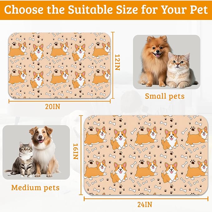 Corgi Feeding Mat,Cute Dogs Absorbent Quick-Dry Cat Dog Food and Water Bowl Mats,Non-Slip Rubber Backing Mat,Cat Dog Accessories Supplies 12" x 20"