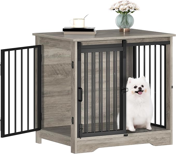 Hzuaneri 27.2" Dog Crate Furniture with Barn Door, Heavy Duty Dog Kennel Indoor with 2 Doors, Wooden Pet Cage End Table for Small Medium Dogs up to 22 lb, Anti-Chew Anti-Escape, Greige DFC84305B