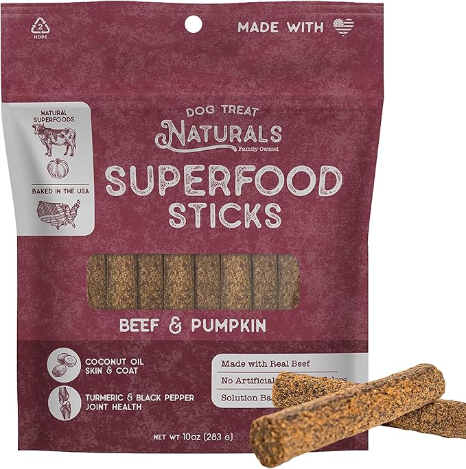 Dog Treat Naturals Superfood Sticks, Beef & Pumpkin, 10oz Bag | Dog Chew Sticks | All-Natural, Pet Training Treats | Joint-Skin-Coat Health | USA Made