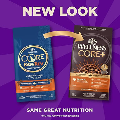 Wellness CORE+ Dry Dog Food with Freeze Dried Pieces, Wholesome Grains, High Protein, Natural, Original Turkey & Chicken Recipe, (4-Pound Bag)