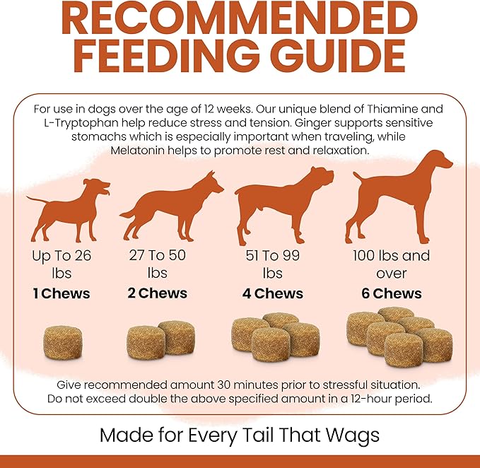 Calming Chews for Dogs - 60 Anxiety Relief Treats for Fireworks, Thunder, and Storms - Natural Dog Calming Treats for Large and Small Breeds with Thiamine, L-Tryptophan, Ginger, and Melatonin