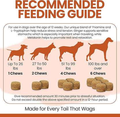 Calming Chews for Dogs - 30 Peanut Butter Melatonin Dog Sleep Aid & Calming Dog Treats with Thiamine, L-Tryptophan & Ginger