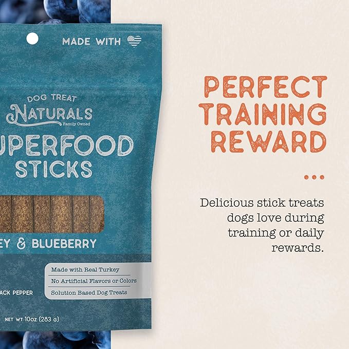 Dog Treat Naturals Superfood Sticks, Turkey & Blueberry, 10oz Bag | Dog Chew Sticks | All-Natural, Pet Training Treats | Joint-Skin-Coat Health | USA Made