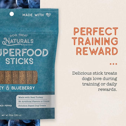 Dog Treat Naturals Superfood Sticks, Turkey & Blueberry, 10oz Bag | Dog Chew Sticks | All-Natural, Pet Training Treats | Joint-Skin-Coat Health | USA Made