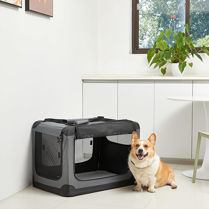 Amazon Basics 4-Door Portable Folding Soft Dog Crate, Collapsible Travel Kennel for Cat, Dog, and Other Small Animals, Pop Up with Easy Transportation, Grey, M 30" x 21" x 21"