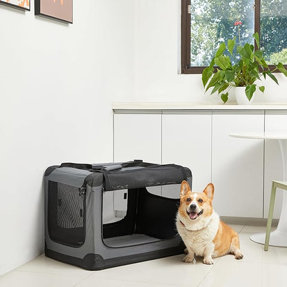 Amazon Basics 4-Door Portable Folding Soft Dog Crate, Collapsible Travel Kennel for Cat, Dog, and Other Small Animals, Pop Up with Easy Transportation, Grey, M 30" x 21" x 21"
