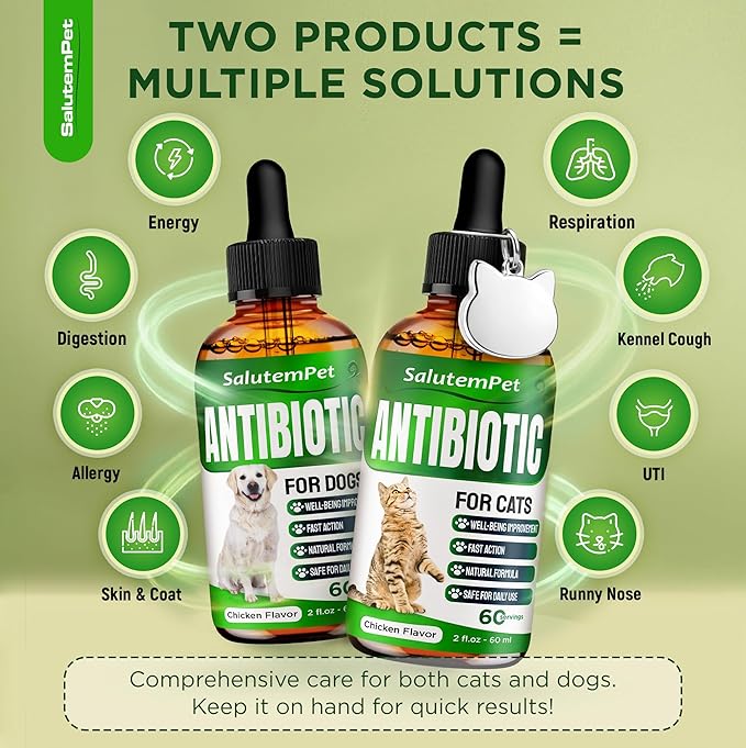 Set of Liquid Dog Antibiotics and Cat Antibiotic + Pendant – Daily Help with UTI, Cough, Runny Nose, Allergies, Wheezing – Versatile Care for Breathing System with Chicken Flavor – 2 oz x 2