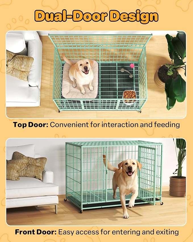 HIWOKK 48 Inch Large Dog Crate, Escape Proof Dog Cage with Dual Door Lock and Swivel Casters,Removable Tray for Easy Cleaning, Dog Kennel Indoor Outdoor Use