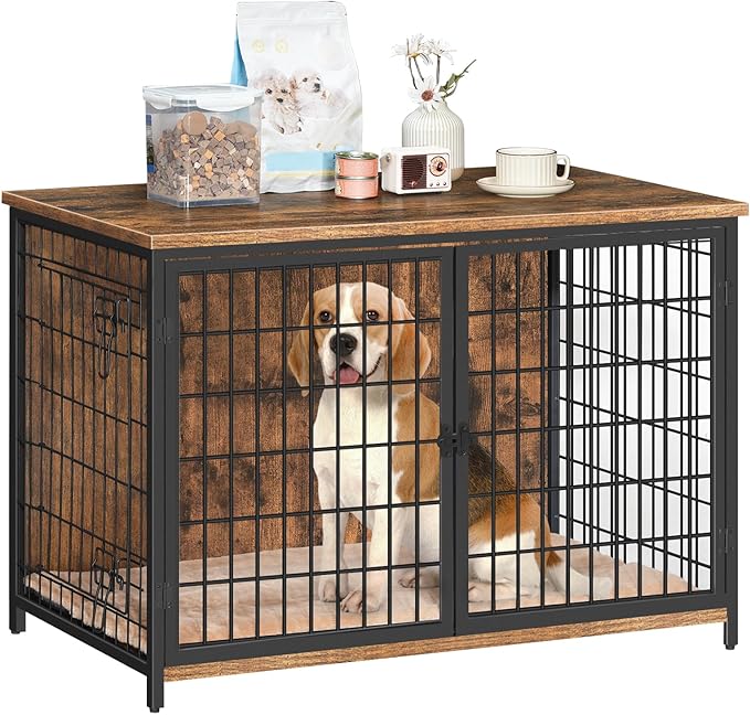 MAHANCRIS Dog Crate Furniture with Cushion, Wooden Dog Kennel with Double Doors, Heavy Duty Dog Cage for Small/Medium/Large Dogs, Indoor Dog House End Table, 39.4" L, Rustic Brown DCHR10701
