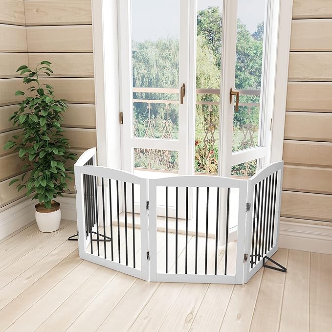 PUPETPO Freestanding Pet Gate for Dogs, Foldable Wooden Dog Gate for House, Indoor Dog Gate for Stair, Doorway, Gates for Dogs Indoor, 80 Inch Wide, 4 Panels 24",White