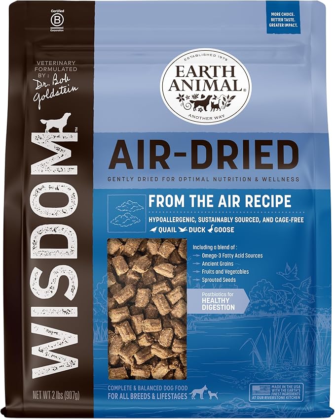 Earth Animal Wisdom Air Dried Dog Food - From the Air Recipe Premium Natural Dry Dog Food for All Breeds & Ages - 2 Lbs Bag