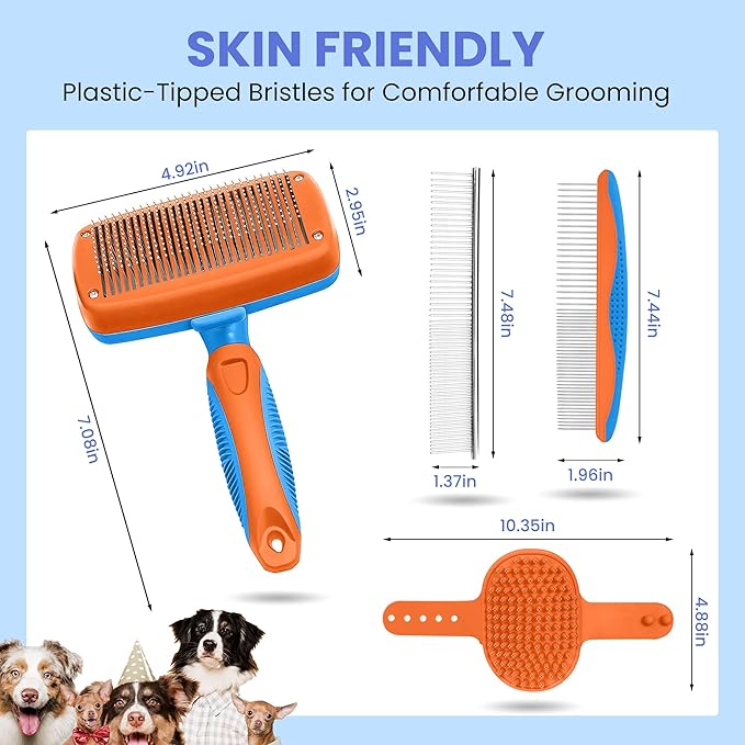 Self Cleaning Shedding Brush - 5-in-1 Professional Pet Grooming Kit Skin Friendly Grooming Tool for Dogs, Cats, and Puppies, Deshedding and Hair Removal for Long and Short Haired Pets,（Blue-Orange）