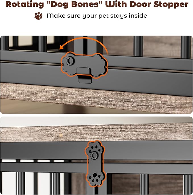 Lulive 37.8" Dog Crate Furniture, Large Wooden Dog Kennel Indoor with 360°& Adjustable Raised Dog Bowls, Double Doors Furniture Decorative Side End Table Dog Cage for Medium Dogs, Grey