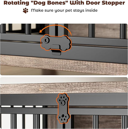 Lulive 37.8" Dog Crate Furniture, Large Wooden Dog Kennel Indoor with 360°& Adjustable Raised Dog Bowls, Double Doors Furniture Decorative Side End Table Dog Cage for Medium Dogs, Grey