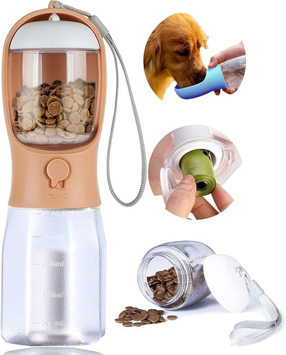 Dog Water Bottle with Food Container, Portable Pet Dog Water Dispenser for Outdoor Walking,Hiking,Travel,Puppy Essentials,Puppy Supplies,Replaceable Waste Bags