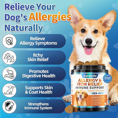 Carmelie Dog Allergy Chews 200 Chews - Dog Itching Skin Relief & Yeast - Itchy Skin and Ears & Anti Licking Paw Relief, Seasonal Allergies, Probiotics Gut Digestive, Skin & Coat Immunity - Chicken