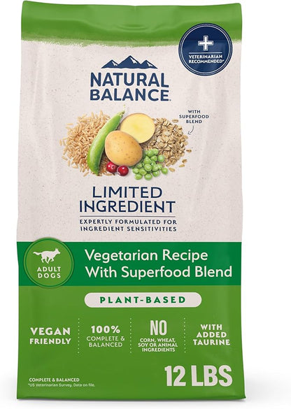 Natural Balance Limited Ingredient Adult Dry Dog Food with Vegan Plant Based Protein and Healthy Grains, Vegetarian Recipe, 12 Pound (Pack of 1)