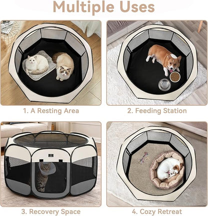 Dog Playpen for Small Dogs & Puppies, 50.39" Portable Indoor Outdoor Puppy Playpen with Bowl, Waterproof Floor, Foldable Pop-Up Pet Pen for Home, Travel & Daily Use, Grey+Beige