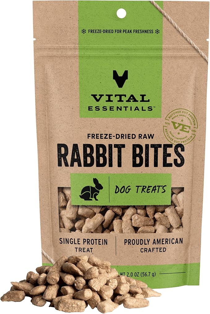 Vital Essentials Freeze Dried Dog Treats | Rabbit Bites, Single Protein | Premium Quality | Grain Free Training Treats for Dogs, 2 oz Bag