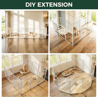 FXW AuraSpace Pro Acrylic & Wire Mesh Indoor Dog Playpen, 40" Height 12 Panels Metal Dog Pen for Medium and Large Dogs, White│Patented