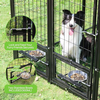 Dog Kennel Outdoor 8 x4 x6 ft with Roof and Rotating Bowl Holders, Large Metal Dog Enclosure, Heavy Duty Dog House Built with Robust 4mm Diameter Wire (8'L x 4'W x 6'H)