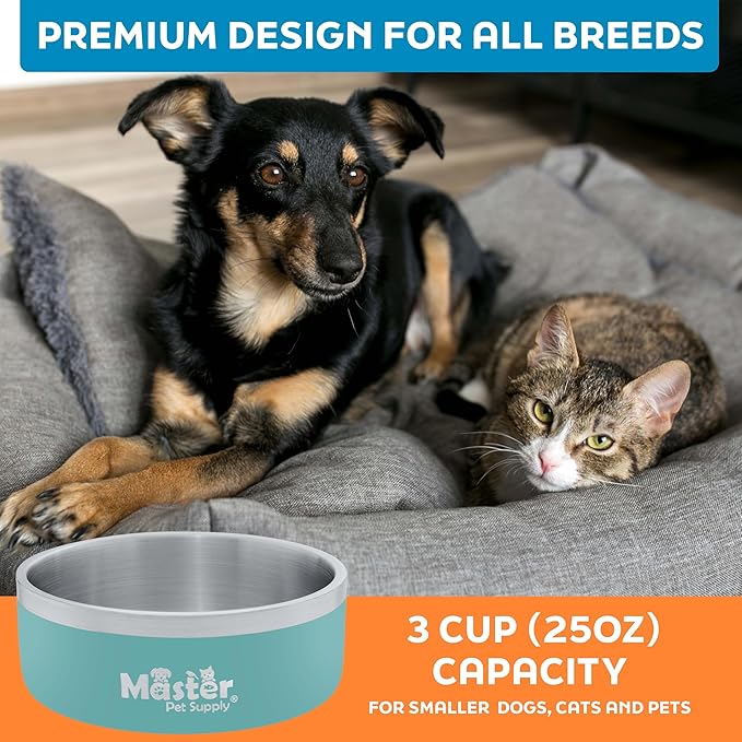 Master Pet Supply Stainless Steel Dog Bowls - 25 oz, Heavy Duty - Aqua Sky, Double Wall Extra-Thick Insulated, Non-Slip Pet Water Bowl for Dogs, Cats & Pets, Anti Rust Metal, Dish Washer Safe