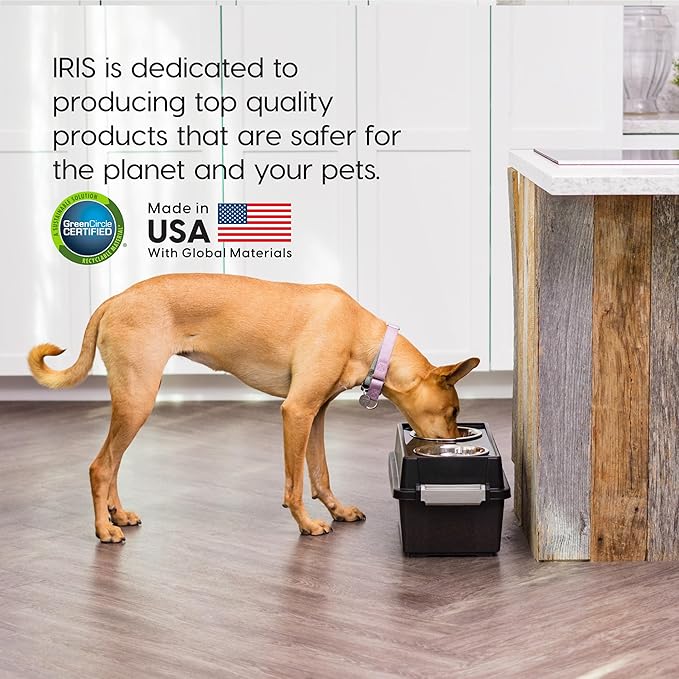 IRIS USA Elevated Dog Bowls with Storage, 9" H Raised Bowl for Small Dogs, Airtight Pet Food Storage Holds Up to 13 lbs, At Home or Camping, Smoke/Black