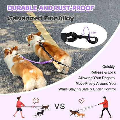 Double Dog Leash - 360°Swivel Tangle Free Splitter Attachment, 2 Dogs Multi-Functional Leashes, Dual Rope for Outdoor Walk Train Small Medium Large Two Pet, Purple