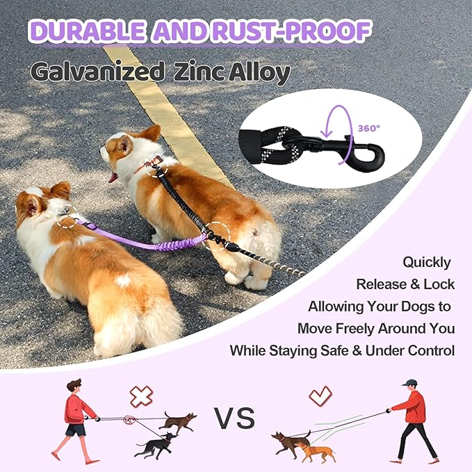 Double Dog Leash - 360°Swivel Tangle Free Splitter Attachment, 1 Rope with Handle, 2 Dogs Multi-Functional Leash, for Outdoor Walk Train Small Medium Large Two Pet, Purple