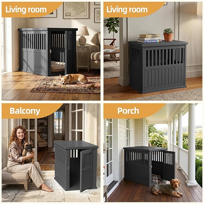 30 INCH Small Dog Crate Furniture, Lockable Indoor Dog Kennel Heavy Duty Decorative Plastic Pet Cage End Table for Small/Medium Dogs, Black