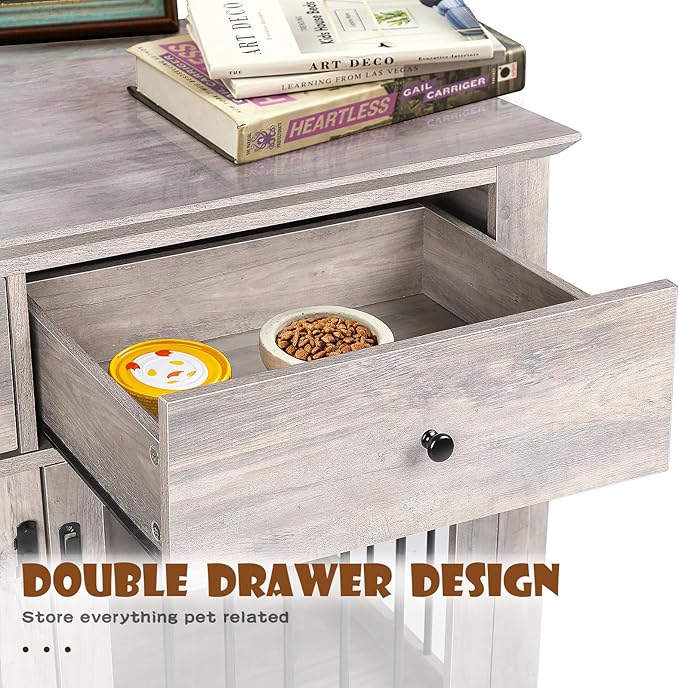 LEMBERI 44 Inch Large Dog Crate Furniture with 2 Storage Drawers, Wooden Dog Kennel Furniture as End Table, Decorative Pet Cage Dog House Indoor for Dogs