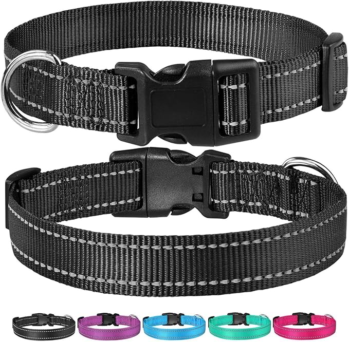 Reflective Dog Collar with Buckle Adjustable Safety Nylon Collars for Small Medium Large Dogs, Black XXS