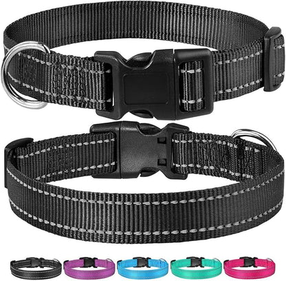 Reflective Dog Collar with Buckle Adjustable Safety Nylon Collars for Small Medium Large Dogs, Black XXS