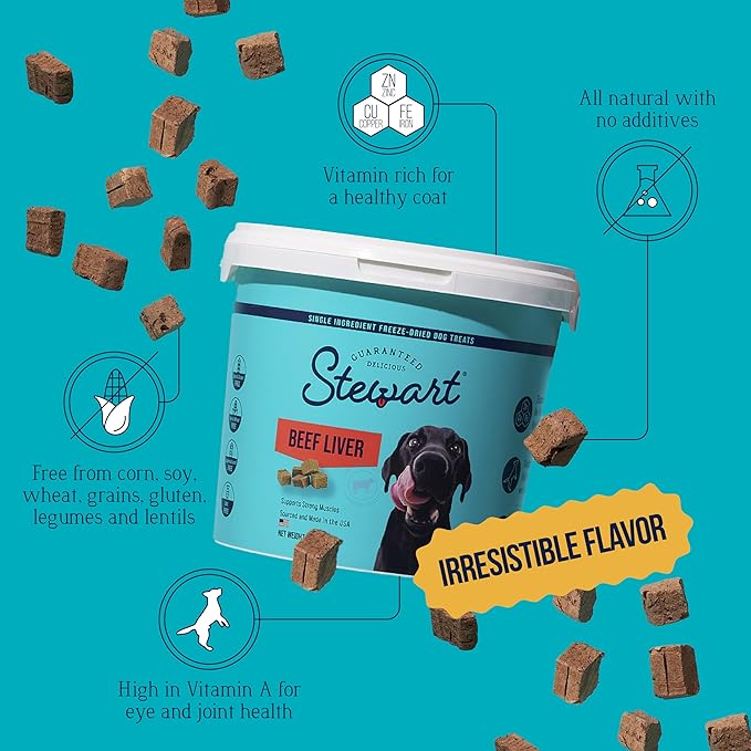 Stewart 100% Beef Liver Dog Treats, 14 oz Tub, ~315 Pieces, Freeze Dried Raw, Single Ingredient, 50% Protein Training Treats or Meal Topper, Grain Free, Gluten Free