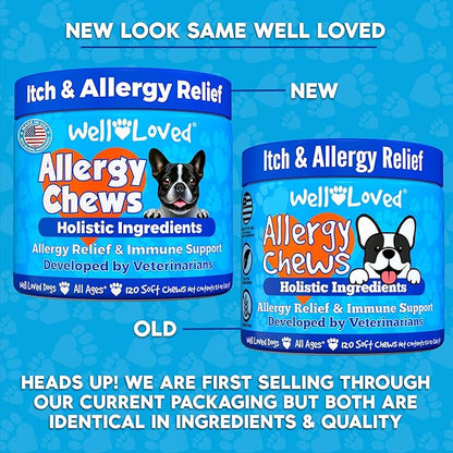 Well Loved Dog Allergy Chews - Dog Allergy Relief, Itching Skin Relief, Hot Spot Treatment & Seasonal Allergies, Vet Developed, Anti Itch Skin Irritation Treatment, Made in USA, 120 Chews