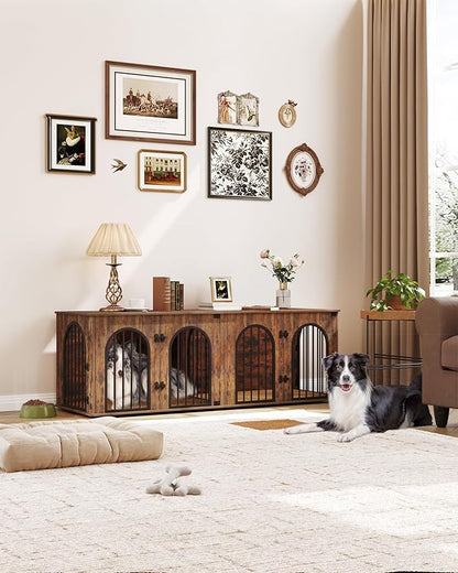 Hzuaneri 71" Dog Crate Furniture for 2 Dogs, Heavy Duty Indoor Dog Kennel TV Stand, XL Wooden Dog Cage with Divider for Medium Large Dogs, End Table Dog Crate with Cushion, Rustic Brown DFC81901B