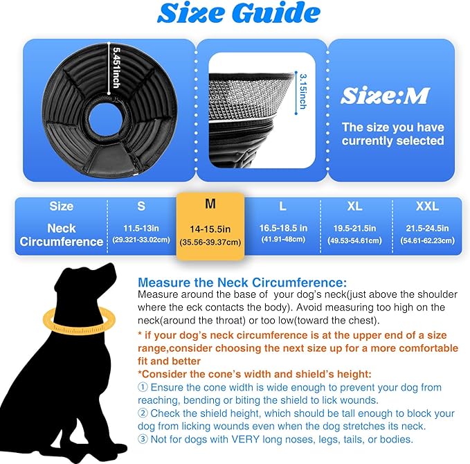 Inflatable Dog Cone for Dogs After Surgery,Soft Adjustable Elizabethan Collar for Medium Dogs,2-in-1 Dog Cone with Detachable Shield,Anti-Anxiety Comfortable Pet E-Collar Prevents Licking Wounds(M)