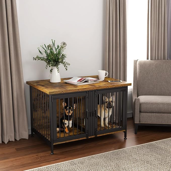 GDLF Double Dog Crate with Divider for 2 Small or 1 Dog, Furniture Style Kennel Indoor Cage with Removable Panel (Int.dims:36.2”Wx24.5”Dx21”H)