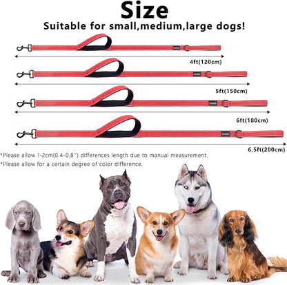 Dog Leash 6ft Long, Double Handle Dog Leash for Safety Control Training, Heavy Duty Dog Leads with Traffic Padded Handles, Reflective Leashes for Small Medium Large Dogs(6ft, Red)